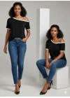 Kadın Kısa Kollu Tek Omuzu Açık Askı Toka Detaylı Viskon Bluz