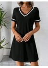 Kadın Kısa Kollu V çizgili Yakalı Kısa Viskon Elbise