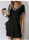 Kadın Kısa Kollu V çizgili Yakalı Kısa Viskon Elbise
