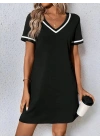 Kadın Kısa Kollu V çizgili Yakalı Kısa Viskon Elbise