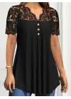 Kadın Kısa Kollu V Dantel Yakalı Düğmeli Viskon Bluz