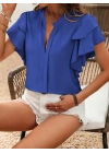 Kadın Kısa Kollu V Hakim Yaka Kolları Fırfırlı Dubai Bluz