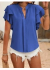 Kadın Kısa Kollu V Hakim Yaka Kolları Fırfırlı Dubai Bluz