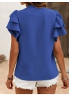 Kadın Kısa Kollu V Hakim Yaka Kolları Fırfırlı Dubai Bluz