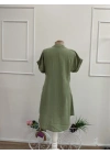 Kadın Kısa Kollu V Hakim Yakalı Kısa Keten Elbise
