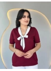 Kadın Kısa Kollu V Yaka Fular Detay Merserize Triko Bbluz