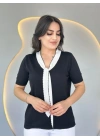 Kadın Kısa Kollu V Yaka Fular Detay Merserize Triko Bbluz