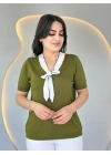 Kadın Kısa Kollu V Yaka Fular Detay Merserize Triko Bbluz
