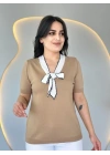 Kadın Kısa Kollu V Yaka Fular Detay Merserize Triko Bbluz