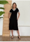 Kadın Kısa Kollu V Yaka Kol Ve Yaka Ribana Detay Midi Boy Viskon Elbise