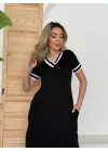 Kadın Kısa Kollu V Yaka Kol Ve Yaka Ribana Detay Midi Boy Viskon Elbise