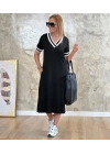 Kadın Kısa Kollu V Yaka Kol Ve Yaka Ribana Detay Midi Boy Viskon Elbise