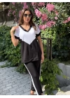Kadın Kısa Kollu V Yaka Siyah Beyaz Renkli Viskon Iki Iplik Kumaş Eşofman Takımı