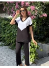 Kadın Kısa Kollu V Yaka Siyah Beyaz Renkli Viskon Iki Iplik Kumaş Eşofman Takımı