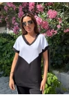 Kadın Kısa Kollu V Yaka Siyah Beyaz Renkli Viskon Iki Iplik Kumaş Eşofman Takımı