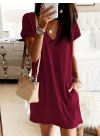 Kadın Kısa Kollu V Yakalı Cepli Kısa Viskon Elbise