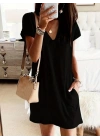 Kadın Kısa Kollu V Yakalı Cepli Kısa Viskon Elbise