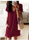 Kadın Kısa Kollu V Yakalı Cepli Kısa Viskon Elbise