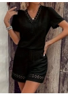 Kadın Kısa Kollu V Yakalı Dantel Detaylı Bürümcük Bluz Ve Short Ikili Takım