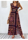 Kadın Kısa Kollu V Yakalı Deseni Yırtmaçlı Süprem Elbise