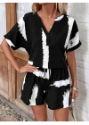 Kadın Kısa Kollu V Yakalı Desenli Bluz Ve Short Ikili Süprem Takım
