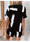 Kadın Kısa Kollu V Yakalı Desenli Bluz Ve Short Ikili Süprem Takım