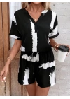 Kadın Kısa Kollu V Yakalı Desenli Bluz Ve Short Ikili Süprem Takım