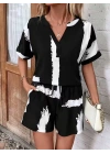 Kadın Kısa Kollu V Yakalı Desenli Bluz Ve Short Ikili Süprem Takım