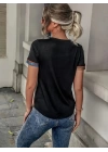 Kadın Kısa Kollu V Yakalı Düğmeli çok Renkli Süprem Bluz