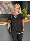 Kadın Kısa Kollu V Yakalı Iki Iplik Bluz Ve Pantolon Ikili Takım
