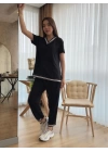 Kadın Kısa Kollu V Yakalı Iki Iplik Bluz Ve Pantolon Ikili Takım