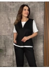 Kadın Kısa Kollu V Yakalı Kapşonlu Viskon Iki Iplik Bluz Ve Pantolon Takım
