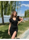 Kadın Kısa Kollu V Yakalı Kolları Volanlı Yandan Yırtmaçlı Kısa Janjan Krep Elbise
