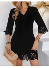 Kadın Kısa Kollu V Yakalı Lazer Kesim çiçek Desenli Kısa Ithal Krep Elbise