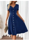 Kadın Kısa Kollu V Yakalı önden Düğmeli A Kesim Dokuma Elbise