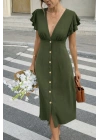 Kadın Kısa Kollu V Yakalı önden Düğmeli Bürümcük Midi Elbise