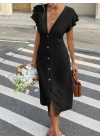Kadın Kısa Kollu V Yakalı önden Düğmeli Bürümcük Midi Elbise