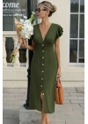 Kadın Kısa Kollu V Yakalı önden Düğmeli Bürümcük Midi Elbise