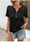 Kadın Kısa Kollu V Yakalı önden Düğmeli Dantel Detaylı Waffle Bluz