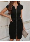 Kadın Kısa Kollu V Yakalı önden Fermuarlı Kısa Ithal Krep Elbise