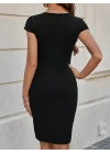Kadın Kısa Kollu V Yakalı önden Fermuarlı Kısa Ithal Krep Elbise