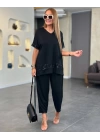 Kadın Kısa Kollu V Yakalı Pul Payetli Viskon Iki Iplik Bluz Ve Pantolon Ikili Takım