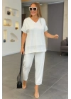 Kadın Kısa Kollu V Yakalı Pul Payetli Viskon Iki Iplik Bluz Ve Pantolon Ikili Takım