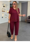 Kadın Kısa Kollu V Yakalı Pul Payetli Viskon Iki Iplik Bluz Ve Pantolon Ikili Takım