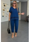 Kadın Kısa Kollu V Yakalı Pul Payetli Viskon Iki Iplik Bluz Ve Pantolon Ikili Takım