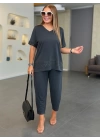 Kadın Kısa Kollu V Yakalı Pul Payetli Viskon Iki Iplik Bluz Ve Pantolon Ikili Takım
