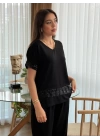 Kadın Kısa Kollu V Yakalı Pul Payetli Viskon Iki Iplik Bluz Ve Pantolon Ikili Takım