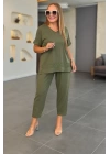 Kadın Kısa Kollu V Yakalı Pul Payetli Viskon Iki Iplik Bluz Ve Pantolon Ikili Takım