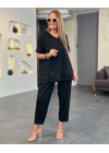 Kadın Kısa Kollu V Yakalı Pul Payetli Viskon Iki Iplik Bluz Ve Pantolon Ikili Takım