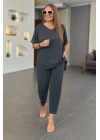 Kadın Kısa Kollu V Yakalı Pul Payetli Viskon Iki Iplik Bluz Ve Pantolon Ikili Takım